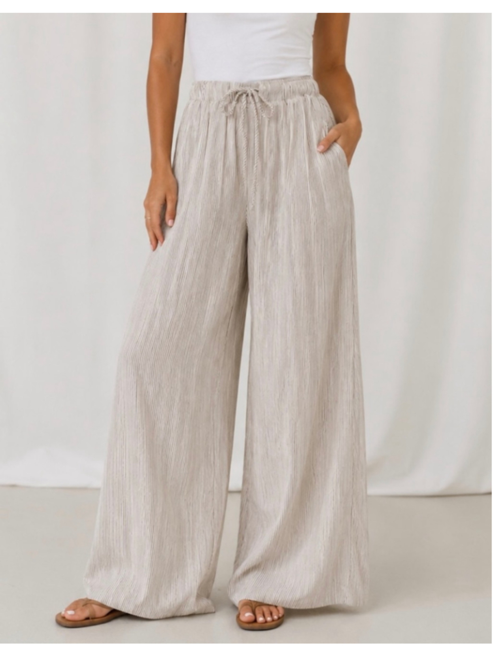 Ardene Striped Plisse Wide Leg Pants Elastic Drawstring Waist Cream Grey 1468